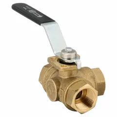 This three-way ball valve is made of brass with an L flow pattern and standard port ball port. It has 3/4 inch female NPT connections on all three ports and is operated by a lever handle. Commonly used for diverting or mixing flow in plumbing and industrial piping systems.