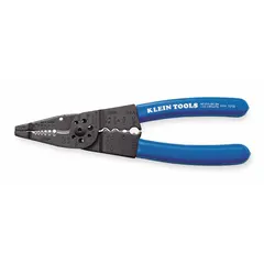 This multifunction tool strips, crimps, cuts, and loops wire from 20 AWG to 10 AWG, handling stranded wire from 22 to 12 AWG and solid wire. With an overall length of 8 1/4 in, it is suited for electrical wiring and general maintenance tasks.