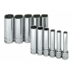 This 11-piece metric socket set includes 12-point deep sockets from 5 mm to 14 mm with a 1/4 in drive. Features a friction ball retainer for secure socket retention. Suitable for fastening and loosening nuts and bolts in automotive repair, machinery maintenance, and general assembly work.
