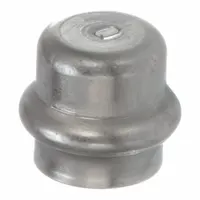 Press-fit cap with EPDM seal for terminating 1/2 in CTS stainless steel press-fit lines in potable water systems. Used in commercial and industrial plumbing to provide a leak-free end-of-line closure