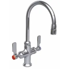 This single-post laboratory faucet features a chrome finish and a standard gooseneck spout. It is equipped with two lever handles for separate hot and cold water control. Suitable for general lab sink applications such as washing and filling.