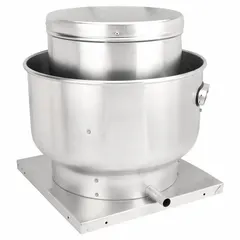 Belt-drive centrifugal upblast fan for roof or wall mounting, supplied without a drive package. Accepts motors from 1/4 hp to 1 hp with standard efficiency. Features a 16 1/2 in wheel and square base. Unassembled unit suitable for general ventilation and kitchen exhaust applications where upblast discharge is required.