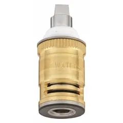 This disc faucet cartridge is constructed from stainless steel and is intended for hot water service. It is designed to control water flow and temperature in compatible WaterSaver faucets, suitable for commercial or industrial washroom environments.