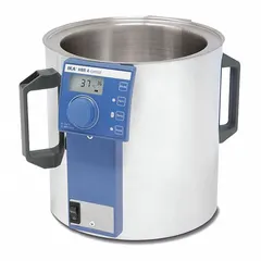 This IKA water bath is a general-purpose heated bath for laboratory applications requiring precise temperature control. It features a stainless steel interior and an LCD display, with a maximum temperature of 200°C and an interior depth of 6 1/4 inches. Operates on 115V AC.