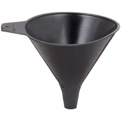 Black polyethylene spout funnel with 1 pt fluid capacity, 5 1/8 in overall diameter, and 4 1/2 in overall height. Includes hanging tab for storage. Used for transferring fluids such as oil, coolant, or water into tight openings in machinery or equipment.