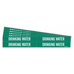 Green adhesive pipe marker with white 'Drinking Water' legend, designed for pipe outer diameters from 3/4 to 2-3/8 inches. Each pack contains 4 markers without arrows, suitable for identifying potable water lines in industrial piping systems.