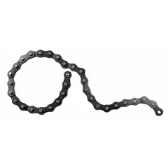 Steel replacement chain for locking chain clamps, 18 inches overall length. Includes adjusting screws, chain, pads, and springs. Used to secure and tension pipes or round objects during welding, cutting, or assembly.