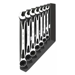 This 7-piece set includes SAE 12-point ratcheting combination wrenches in sizes from 3/8 in to 3/4 in. The wrenches are made of alloy steel with a chrome finish and come with a storage rack for organization. Typical applications include tightening and loosening fasteners in automotive, machinery, and industrial settings.
