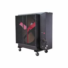 Portable evaporative cooler operating on 230V AC with L6-15R plug. Delivers 17,500 cfm airflow for large spaces. Single-stage operation. Suitable for industrial or commercial areas.