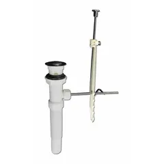 Threaded plastic drain assembly for sink basins, includes a pop-up stopper operated by a lever mechanism. Overall height 12 in, overall diameter 1-1/2 in, pipe diameter 1-1/2 in. Suitable for residential or commercial wash basins and utility sinks requiring a 1-1/2 in threaded connection.