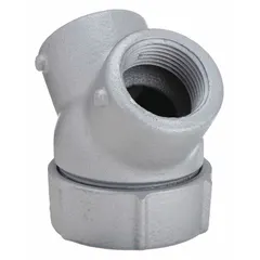 Iron capped elbow with chromate-coated finish for hazardous locations. Features 1-1/4 in FNPT female threads on both ends. Used to seal and terminate conduit runs in environments requiring corrosion resistance and mechanical protection.