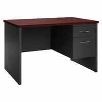 This HIRSH rectangular office desk features a 48-inch-wide charcoal particle-board desktop with a mahogany steel frame. It includes one pedestal with two drawers and a modesty panel, suitable for general office work in individual workstations