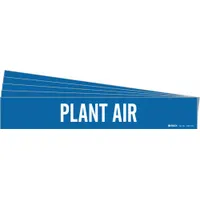 Blue adhesive pipe marker with white 'Plant Air' legend, designed for pipes with outer diameter 8 inches and larger. Each pack contains 5 markers without arrows. Used to identify compressed air lines in industrial piping systems