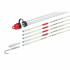 This 5 ft fish stick set includes four low flex sticks, a bullet nose tip, a hook tip, a mid flex stick, and a storage tube. Used for fishing and pulling cables through walls, ceilings, and conduit runs in residential and commercial buildings.
