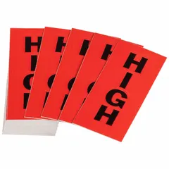 Replenishment labels for pipe marking. Includes 50 red pipe markers with black 'High' legend and directional arrows. Each marker fits pipe outer diameters from 2-1/2 to 7-7/8 inches. Used to identify pipe contents in industrial facilities.