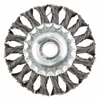 This weld-cleaning brush is designed for removing slag, spatter, and oxidation from carbon steel weld joints and stringer beads. It features a 4" diameter, 1/2" width, 5/8"-11 threaded arbor, and 0.02" steel fill. Suitable for surface preparation prior to inspection or subsequent welding passes