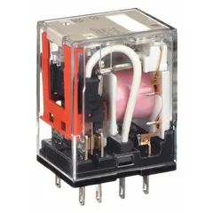 Socket-mounted plug-in relay with square base and flat pins. DPDT contact configuration rated 10 A at 24V AC, operating current 5 A at 24V DC for resistive loads. Quick-connect terminals, 8 pins. Used in industrial control panels, automation systems, and machine switching circuits.