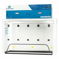 This ductless fume hood is designed for containing hazardous fumes, vapors, and particulates in laboratory and industrial settings. It recirculates filtered air back into the room, eliminating the need for ductwork. The unit is partially assembled and includes a blower and work surface; a base/stand is required but not included.