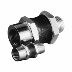 Angle joint connector with 1/2 in BSPP inlet and pad end, overall length 47 1/2 mm. Used in pneumatic systems to connect tubing or hoses at a 90-degree angle, facilitating routing in confined spaces.