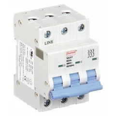 B-curve, 3-pole UL1077 supplementary protector rated 25A at 480V AC with a maximum interrupting rating of 7.5kA at 480V AC. Features screw clamp terminals and is designed for DIN-rail mounting. Suitable for overcurrent and short-circuit protection in industrial control circuits and panel boards.