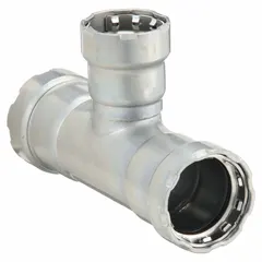 Steel press tee fitting with EPDM seal for connecting three pipes in plumbing and HVAC systems. Connects 1-1/4 in pipe x 1-1/4 in pipe x 3/4 in pipe.