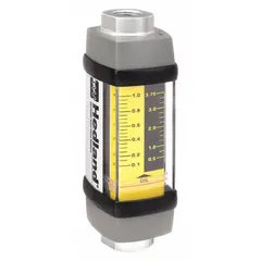 Variable area inline flowmeter with scale display for petroleum fluids. Viton seals and O-rings, +/-2% accuracy, universal mounting orientation. Measures in liters, NPTF connections. Suitable for hydraulic, lubrication, and oil transfer systems.