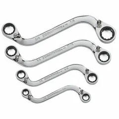 This set includes four double-end, 6-point, S-shaped ratcheting box end wrenches with a chrome finish. The wrenches cover a head size range of 3/8 in to 7/8 in and are stored in a tray. Suitable for tightening and loosening fasteners in confined spaces.