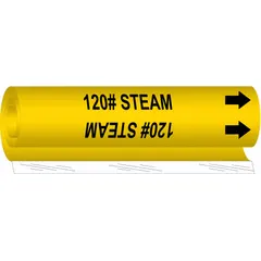 Yellow wrap-around pipe marker with black legend reading '120# Steam' and directional arrows. Fits pipe outer diameters from 1-1/2 to 2-3/8 inches. Used to identify pipes carrying 120 psi steam in industrial facilities, aiding compliance with labeling standards.