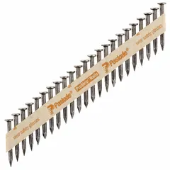 Collated metal connector nails designed for fastening metal connectors such as joist hangers and straps to wood in framing and construction. These 1-1/2" nails feature a flat, smooth, plain steel finish with a diamond point for clean driving through steel connectors. Supplied in a 4000-count pack.