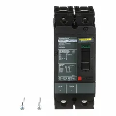 This molded case circuit breaker is rated 20 A with an interrupting capacity of 25kA at 240V AC. It features fixed mounting and line/load lug terminations, housed in an HD frame. Typical applications include protection of electrical circuits in industrial control panels, motor control centers, and distribution boards.