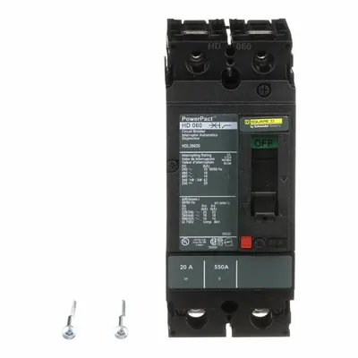 SQUARE D Molded Case Circuit Breaker: 20 A Amps, 25kA at 240V AC, Fixed, Line/Load Lug - H-Frame Square D Molded Case Circuit Breakers