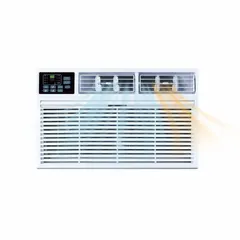 This through-the-wall air conditioner provides 8,000 BTU cooling and heating for rooms up to 350 sq ft. It operates on 115V AC with a NEMA 5-15P plug and has a CEER rating of 9.6. Suitable for apartments, hotels, or small offices requiring a fixed wall-mount unit.