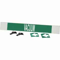 Green fiberglass carrier-mounted pipe marker with white legend 'Vacuum' and directional arrows. Designed for pipes with outer diameter 8 inches and larger. Includes one marker with strapping for secure attachment. Used to identify vacuum lines in industrial piping systems.