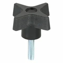 This 4-arm knob with threaded stud is used for manual adjustment, clamping, and positioning on industrial machinery, jigs, and fixtures. It features a 1.75 in diameter plastic body with steel thread and a 1/4"-20 thread size.