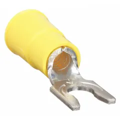 Yellow vinyl-insulated locking fork terminal for #8 stud size, accepting 12 AWG to 10 AWG wire. Funnel barrel style aids wire insertion. Rated 1000V for use in control panels, machinery, and power distribution requiring secure, vibration-resistant connections.