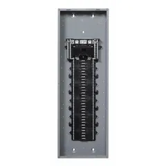 This 200A, 1-phase, 120/240V AC load center features 60 spaces and a 22kA short circuit current rating. It includes a flush cover and is convertible between main breaker and main lug configurations for indoor use. Suitable for residential and light commercial electrical distribution systems.