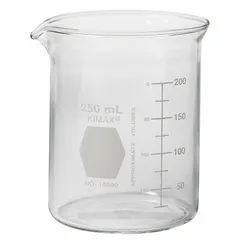 Low form beaker with 250 mL (8.45 fl oz) capacity, made from Type I colorless borosilicate glass. Autoclavable for repeated sterilization. Suitable for mixing, heating, and measuring liquids in laboratory settings.