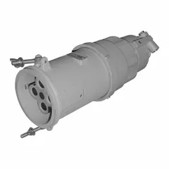 Watertight pin and sleeve connector rated for 600V AC, three-phase, 200 A, with 4 poles and 3 wires. Suitable for industrial power distribution in environments requiring moisture and dust resistance.