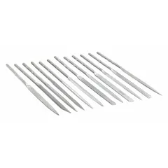 This set includes nine needle files: Barrette, Crossing, Half Round, Knife, Rectangular, Round, Slitting, Square, and Triangular profiles. Each file measures 7-3/16 inches. Suitable for precision filing, deburring, and finishing on small parts, dies, and molds in metalworking and maintenance applications.
