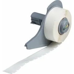 Continuous label roll measuring 3/8 inch wide by 50 feet long, made of white polypropylene. Designed for use with the M710 printer series. Suitable for wire, cable, and component marking in control panels and facility identification applications.