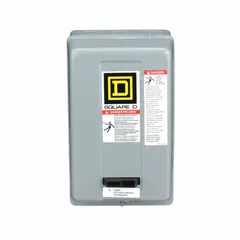Enclosed non-reversing magnetic motor starter with three poles, NEMA Size 0, and 18 A rating. Designed for three-phase motors, it features a 208V AC coil and screw clamp terminals. Requires three melting alloy thermal units (not included) for overload protection. Suitable for controlling motors in applications such as conveyors, pumps, and compressors.