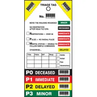 Cardstock triage tag for emergency patient categorization. White with black, green, red, and yellow markings. Overall width 4 1/4 inches. Pack of 50