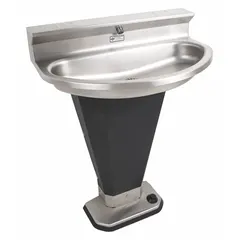 ACORN Wash Fountain: Black/Silver, Stainless Steel, Oval, 17 1/4 in Overall Wd, P-Trap Drain (MPN 3401-0003). Key specifications — Bowl Shape: Oval; Drain Type: P-Trap; Color: Black/Silver; Brand: ACORN; Series: Wash-Ware; Sink Material: Stainless Steel; ADA Compliant: ADA Compliant.