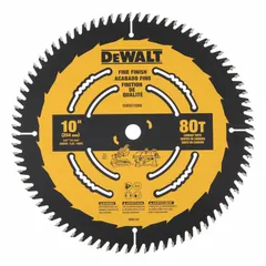 This 10-inch diameter circular saw blade features 80 teeth and a 0.1-inch kerf for smooth finishing cuts in softwood. With a 5/8-inch arbor, it is suited for trim, molding, and other woodworking applications requiring a clean surface finish.