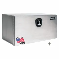 Single drop-down door box for underbody truck storage. Constructed with a smooth silver finish. Equipped with a keyed lock for security. Suitable for organizing tools and equipment on service vehicles.