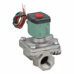 This REDHAT solenoid valve is a 2-way, 2-position normally closed type with a 1-inch pipe size and 120V AC voltage. It features a watertight coil enclosure and is designed for high-flow applications. Suitable for on/off control of water, air, and light oil in industrial fluid systems.
