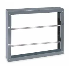 Steel wall-mount rack with gray powder-coated finish. Holds spools up to 10 inches in diameter on two spindles. Removable rod adjustment type. Includes mounting hardware for installation. Suitable for organizing wire spools in industrial storage and workspace areas.