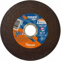 This Type 1 cut-off wheel from the Tiger Zirc UltraCut series is constructed with zirconia alumina abrasive and 60 grit. It is designed for high-performance cutting of carbon and stainless steel. The wheel measures 4-1/2" diameter by 0.04" thickness with a 7/8" arbor hole, suitable for use in fabrication, maintenance, and metalworking applications