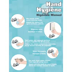 This 22 in x 17 in poster promotes hand hygiene practices in industrial and commercial settings. It features a clear film laminate protective coating for durability in wet or high-traffic areas. Printed in English, it does not include a frame or write-on surface.