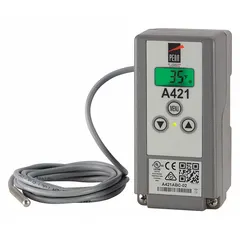 Digital single-stage temperature control for fan applications. Features SPDT switch, 120V AC input, and -40°F to 212°F range. Compatible with A99 series sensors.
